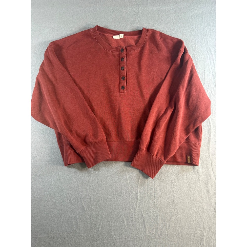 Tentree Women XL Henley Sweatshirt Clay Red Cropped French Terry Pullover